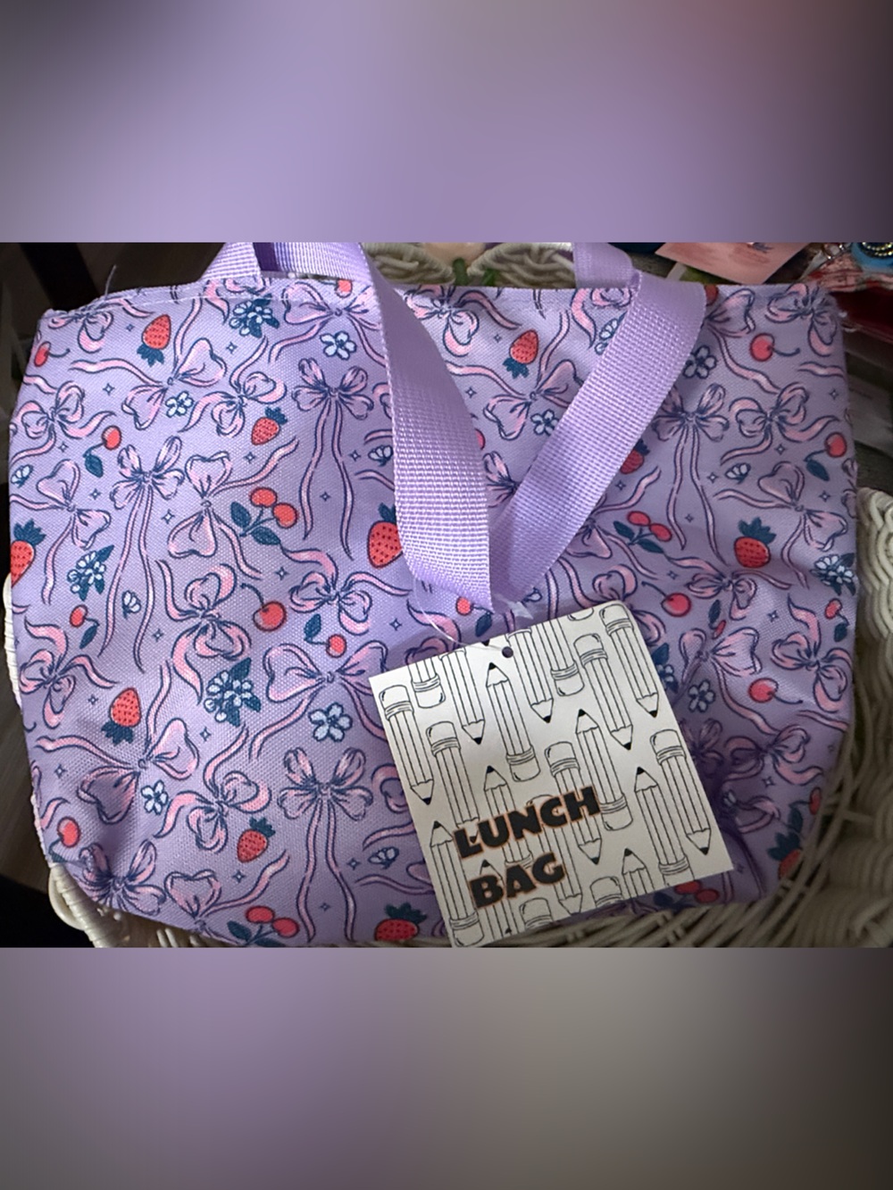 🍎NEW 🍏 Lavender Bow & Berry Pattern Tote Lunch Bag